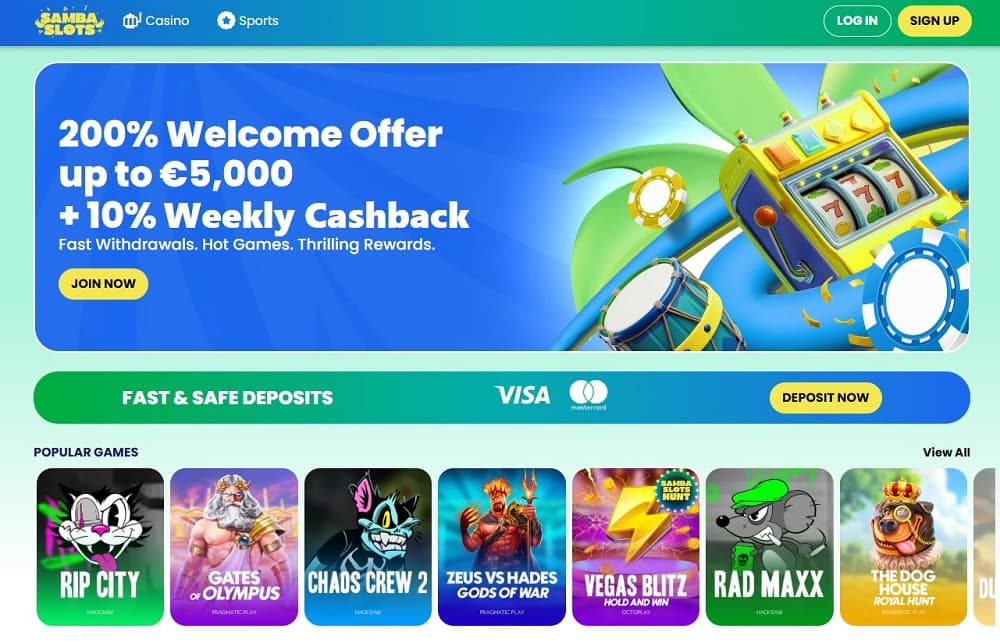 Samba Slots homepage with colorful design, €5,000 welcome bonus, and fast deposits for US players.
